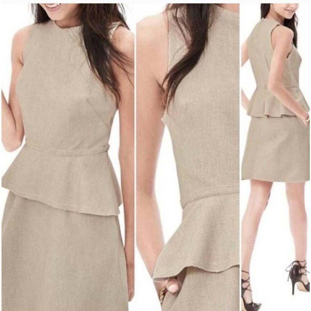 Banana Republic Natural Ivory Cotton/ Linen Slvls Dress w/ Peplum, NWOT, Sz. 4